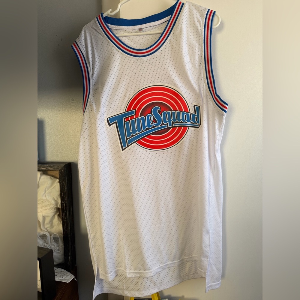 TuneSquad White Basketball Jersey with Red & Blue Logo